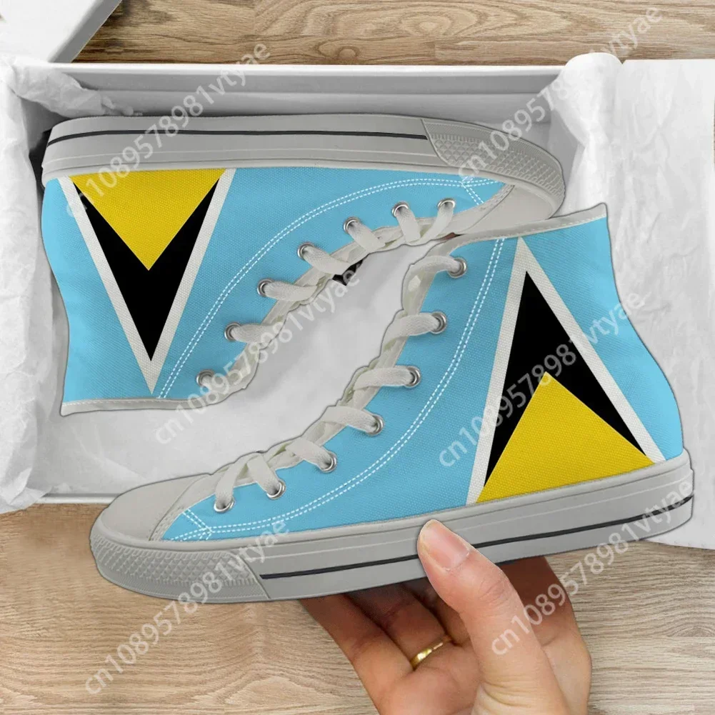 Custom Made Saint Lucia Flag Design Women High Top Shoes Lightweight Lace Up Sneakers Comfortable Classic Vulcanized Footwear