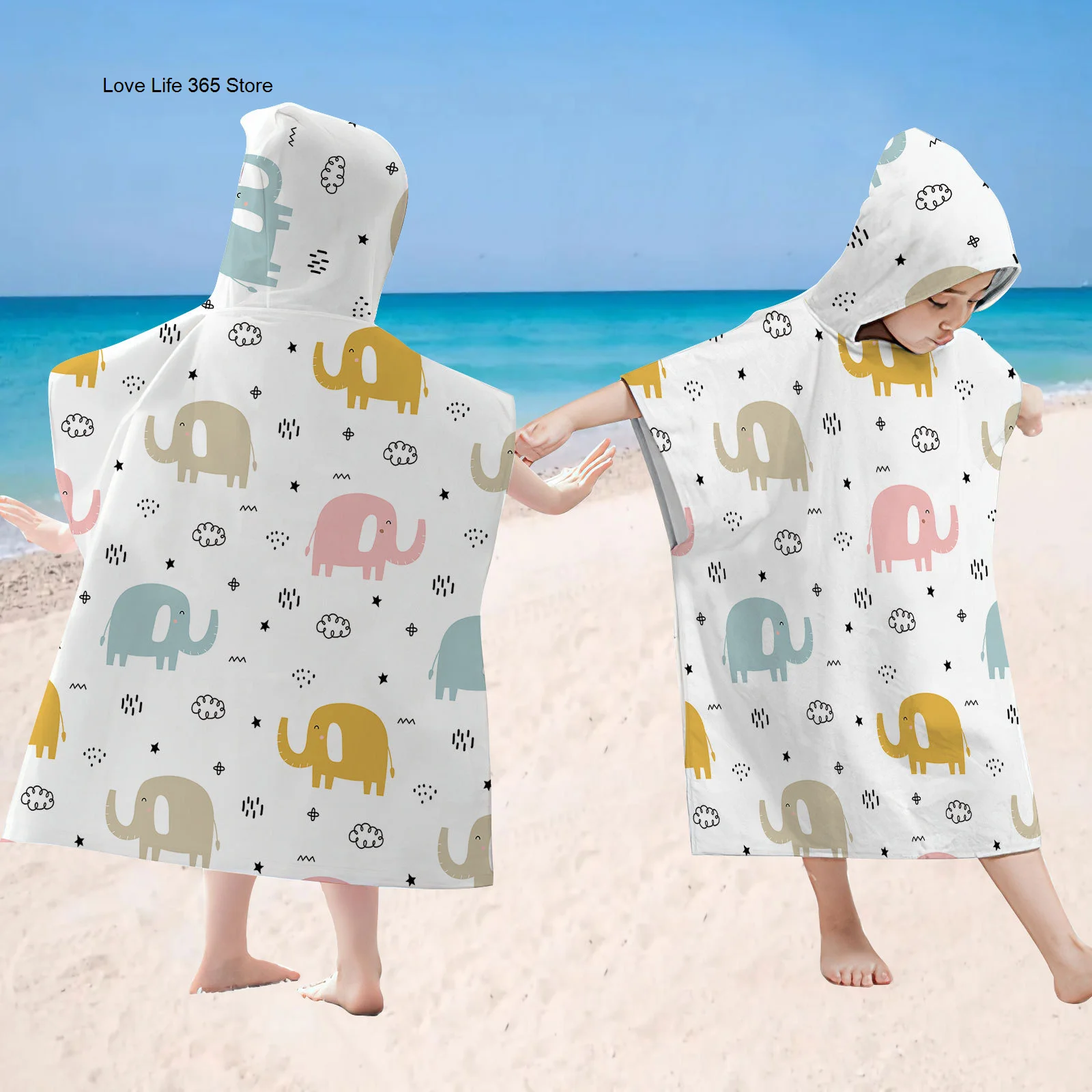 Cartoon Elephant Doodle Pattern Microfiber Towel For Kids Swimming Bath Hooded Cloak Parent-Child Changing Poncho Bathrobe