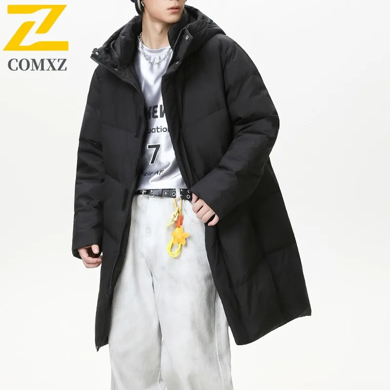 COMXZ Men Long Down Jacket Classic Hooded Outdoor Mountaineering Windproof Parka Solid Color Travel Lightweight Winter Down Coat