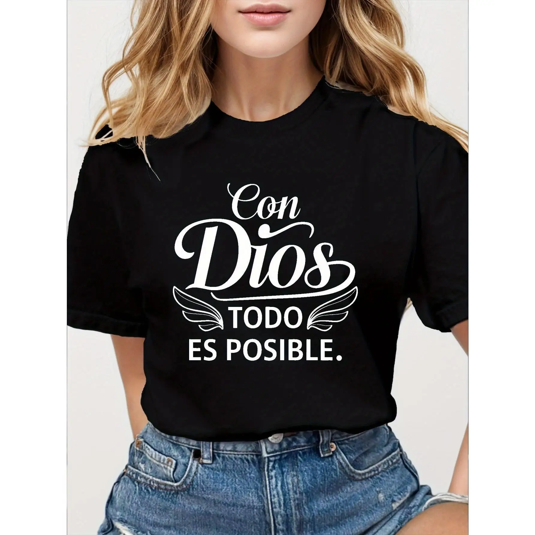 

Women's Black T-Shirt with Inspirational "Con Dios Todo Es Posible" Design, Comfort Fit, Short Sleeve, Casual Knit Top, Machine