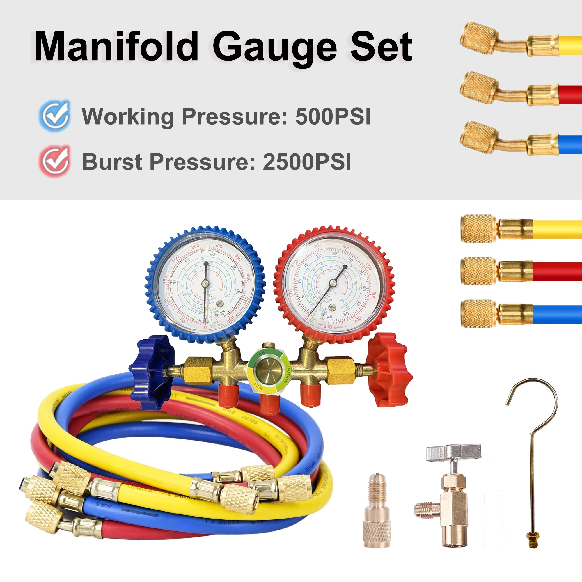 R410A R22 R134a R404A Manifold Gauge Set HVAC A/C Refrigeration Charging Service with Hoses Adjustable Couplers Adapter Can Tap