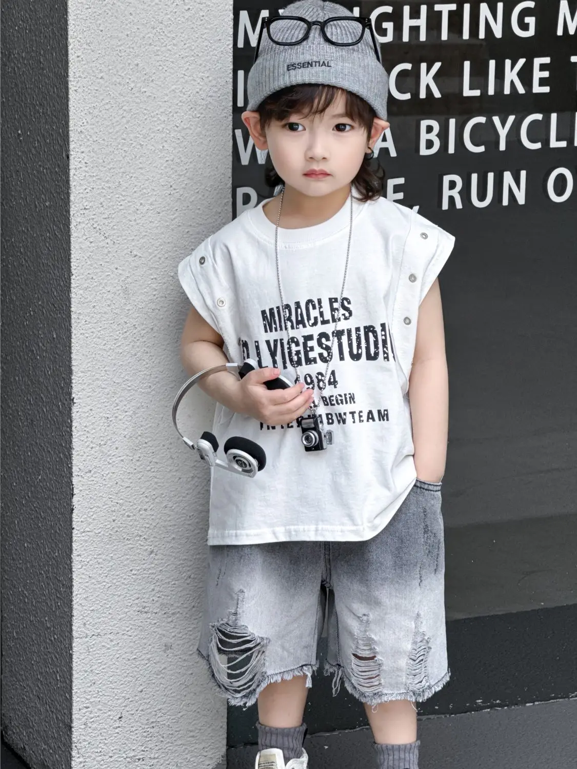 

Summer Boys Letter TShirts+Hole Jean Shorts Retro 2Pcs Gentleman Suit Children Outfit Fashion Casual Sets Handsome Streetwear