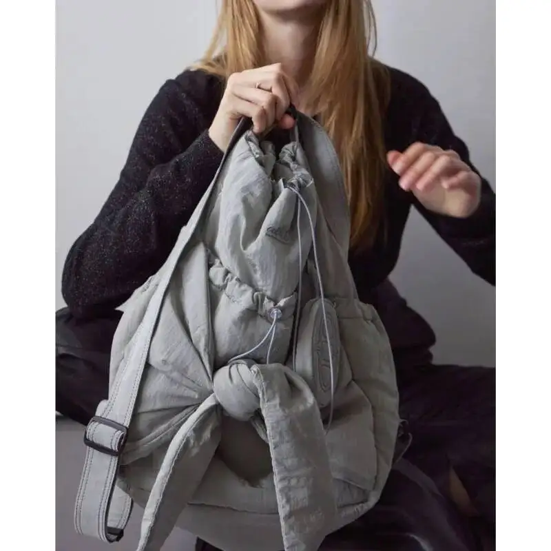 Bloom Hot Girls Nylon Grey Handbag Y2k Women Retro Bow Large Capacity Casual Backpack Female Sweet Cool Backapcks Aesthetic