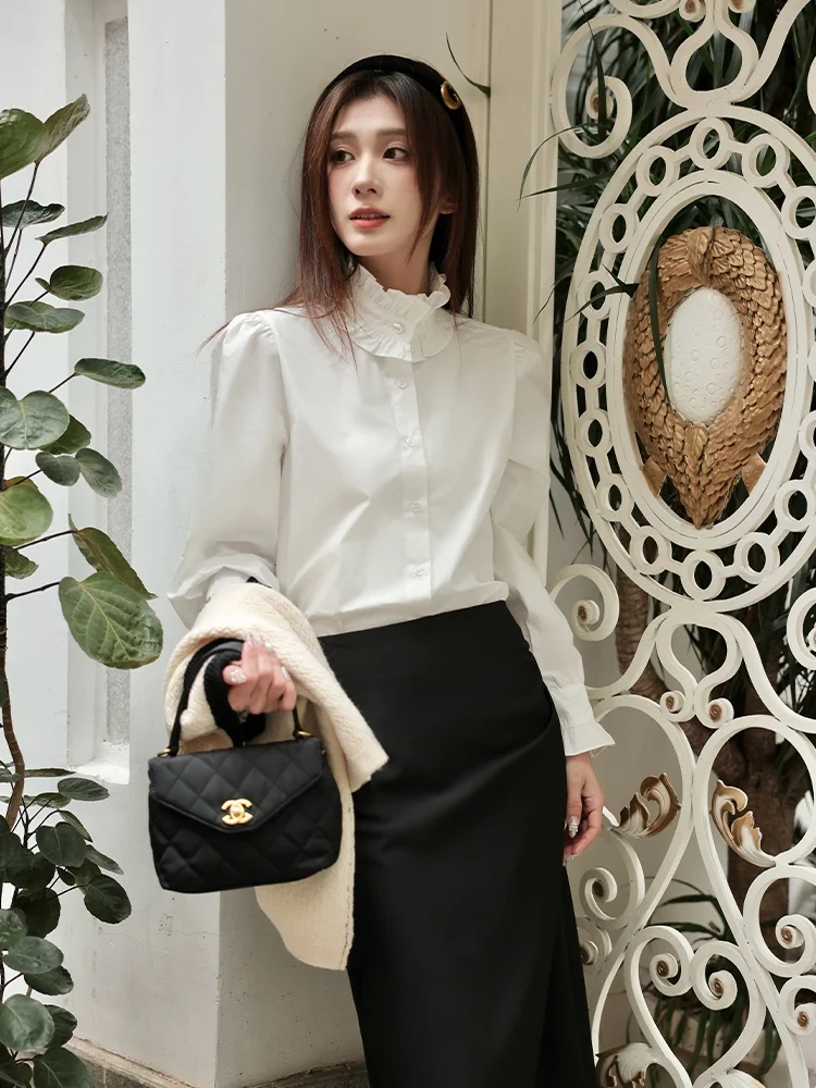 

Pearly Button Trim Long Sve Women's irt Stand Collar Frou Frou Design Slimming Effect Korean Sle Commute Faion