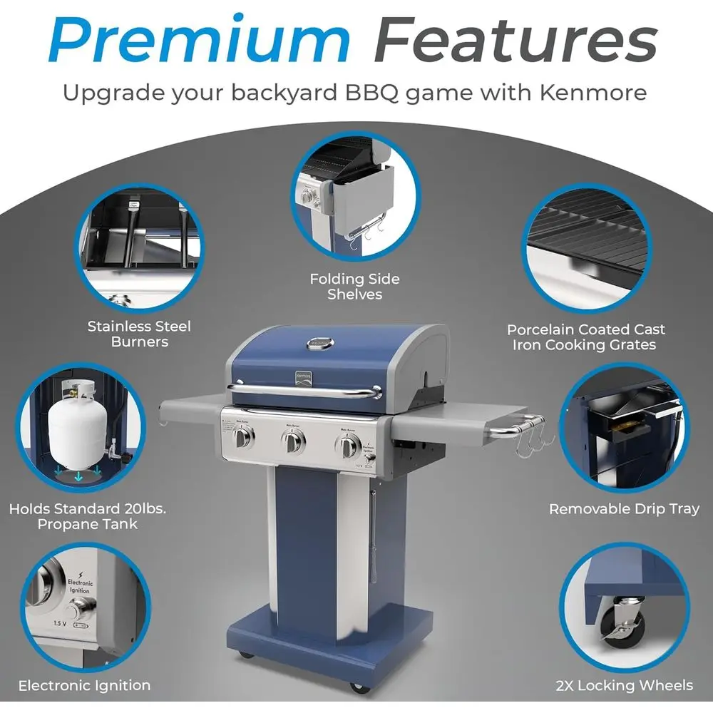 Azure Blue 3-Burner Propane Gas Grill with Cast Iron Grates, Side Tables, and Wheels for Outdoor Cooking