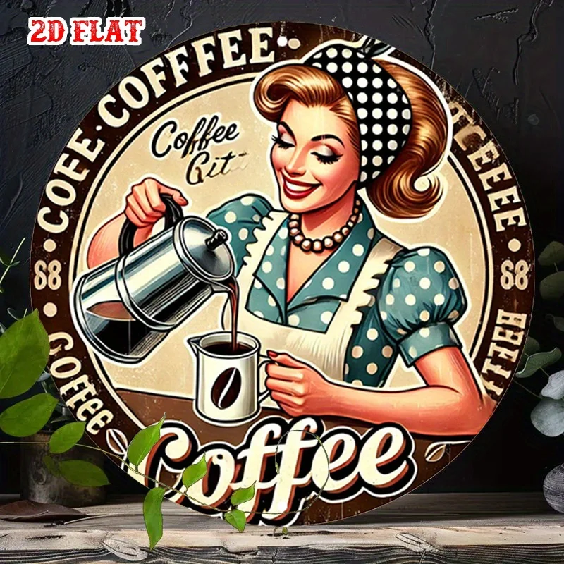 2D flat 1pc retro lady coffee art circular wooden sign, suitable for home, garage, cafe and restaurant decoration