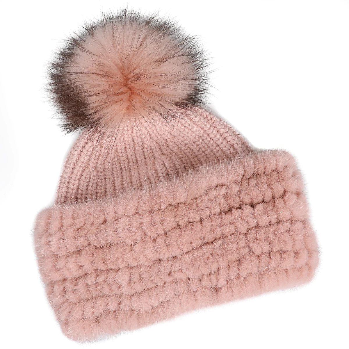 

Women's Genuine Mink Fur Knit Textile Beanie Hats Winter Warm Beanies Caps with Raccoon Fur Pom Pom