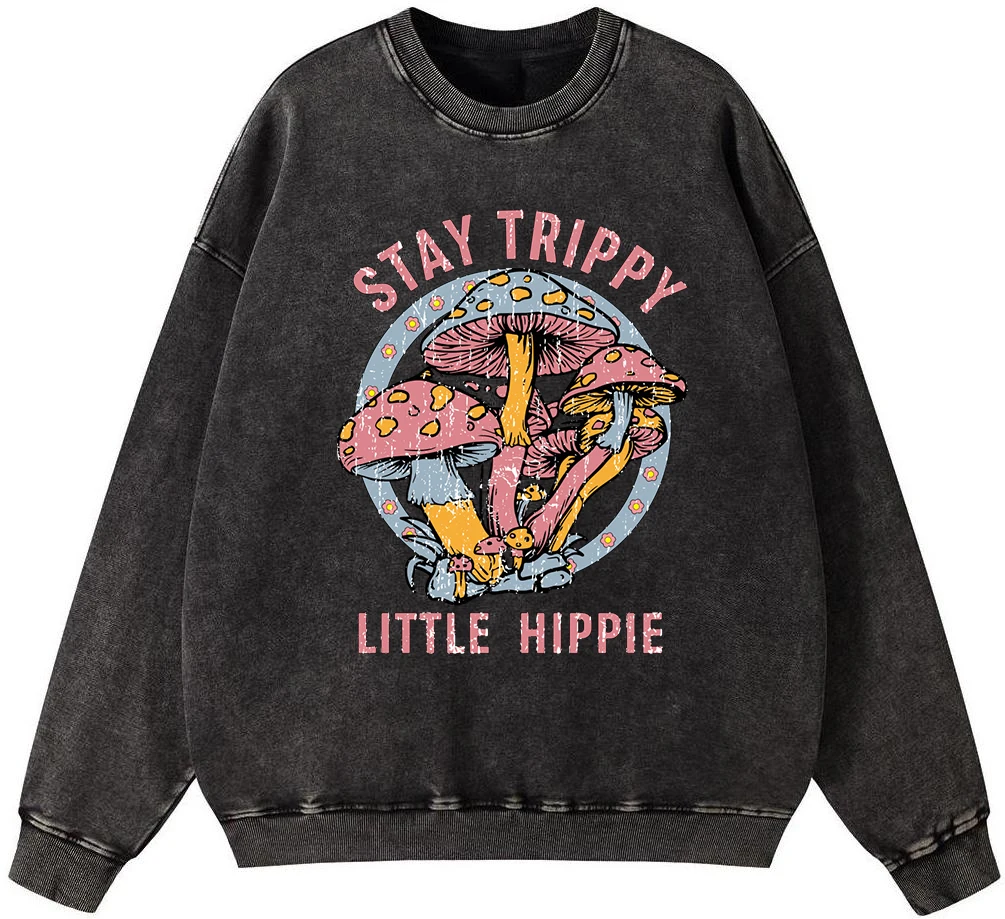 Stay Trippy Little Hippie Mushroom Man Vintage Washed Cotton Sweatshirt Harajuku Fur-Liner Pullover Fashion Hoodies Tops