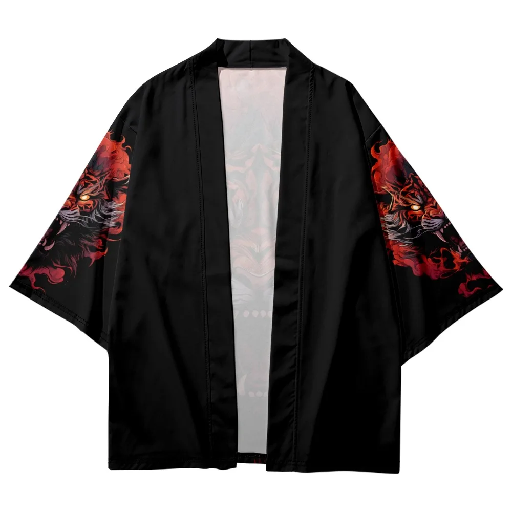 النمط الياباني أنيمي النمر طباعة التقليدية كيمونو الرجال يوكاتا سترة قمصان تأثيري Haori المتضخم ملابس الشارع الشهير #3
