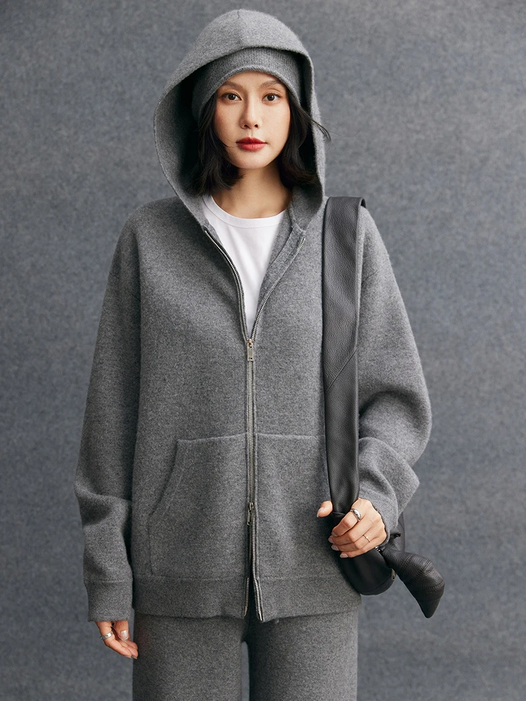 

Женский кардиган на молнии из 100% кашемира, с капюшоном, осенне-зимний, толстый, мягкий, теплый, популярный в Корее, утяжеленный кашемировый пальто-топ