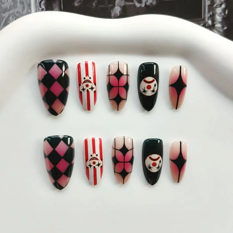 10 Stück niedliche, verspielte Clown-Maske, zum Aufkleben, künstliche Nägel, für Mädchen und Damen, abnehmbare Nagelspitzen, Karneval, süß, cool, Party – Detail 7