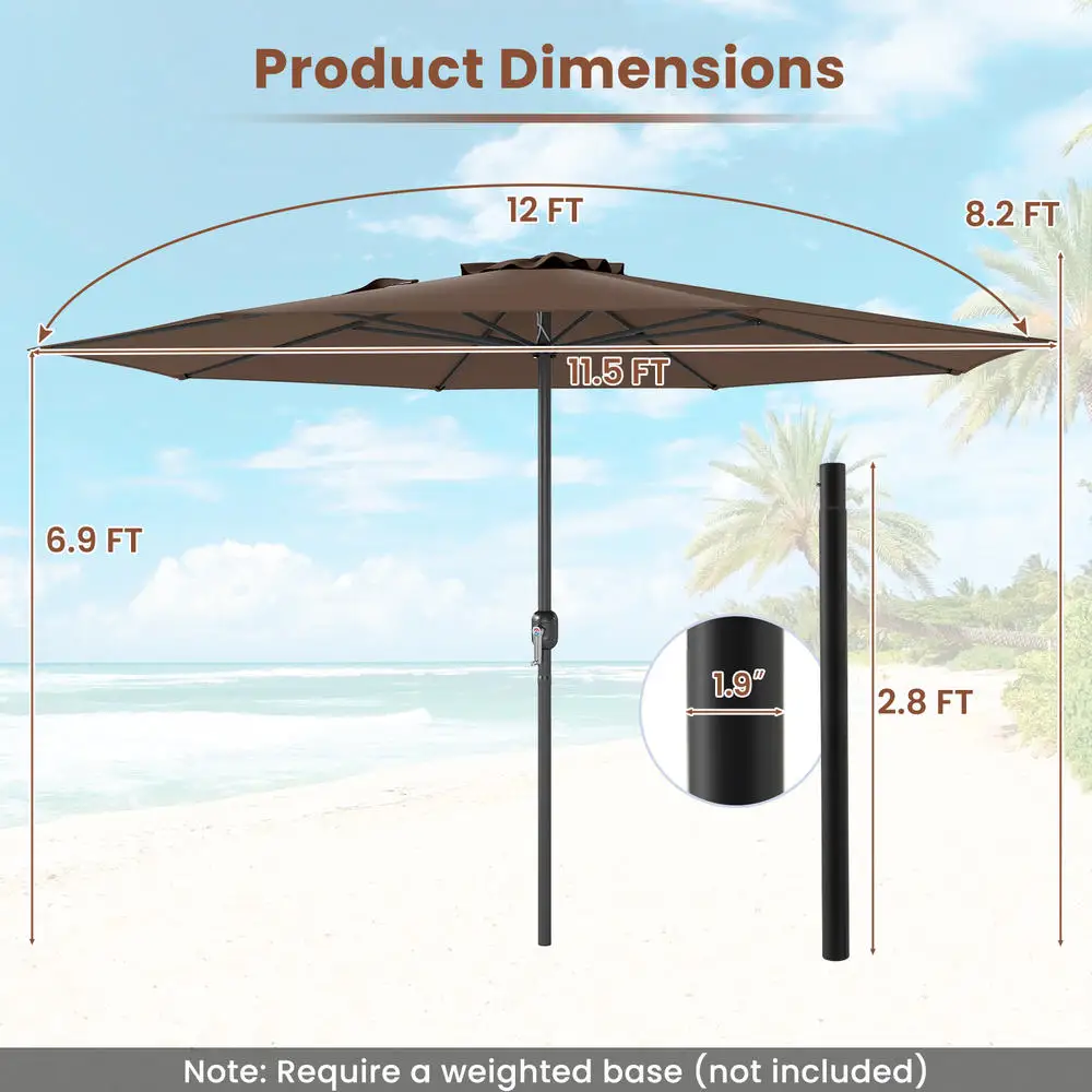 12 Ft Patio Umbrella, Market Style With 8 Reinforced Ribs, Crank Handle For Easy Open, Sturdy Wind Resistant Frame, Sun Shade For Outdoor Deck Garden Beach Cafe, Coffee
