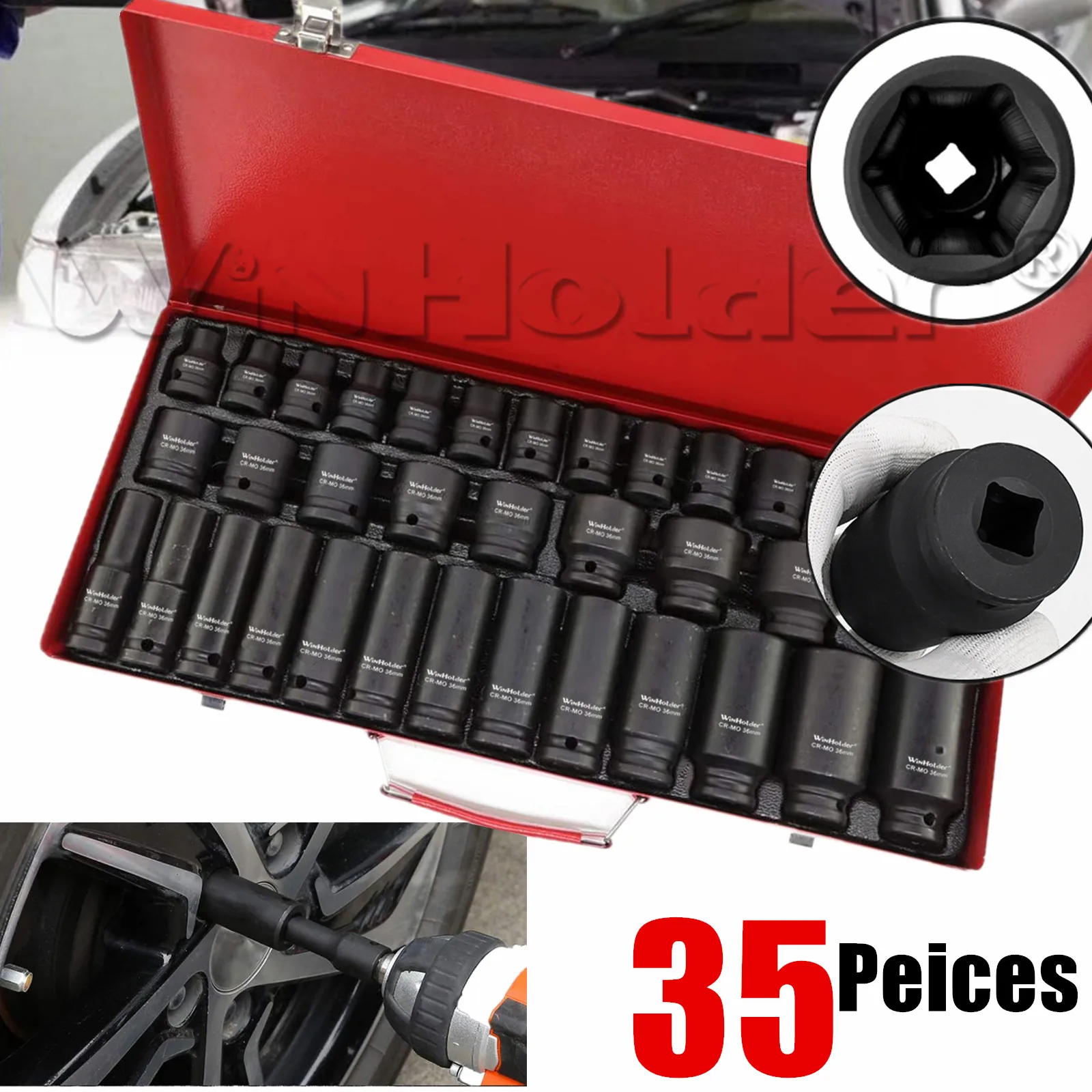 WinHolder 35 Piece Car Truck Deep Impact Socket Set Shallow And Deep Socket 1/2