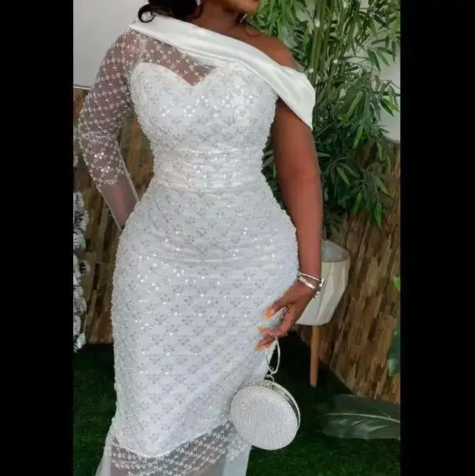 Customized Sequins Beading Short Sheath Wedding Dresses Pearls One Shoulder Long Sleeve Plus Size Bridal Gowns 2025