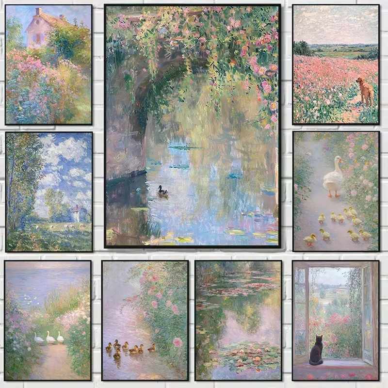 (No frame)Vintage Impressionist Pastel French Countryside Garden Duck Farm Animals Poster Canvas Painting Wall Art Pictures H