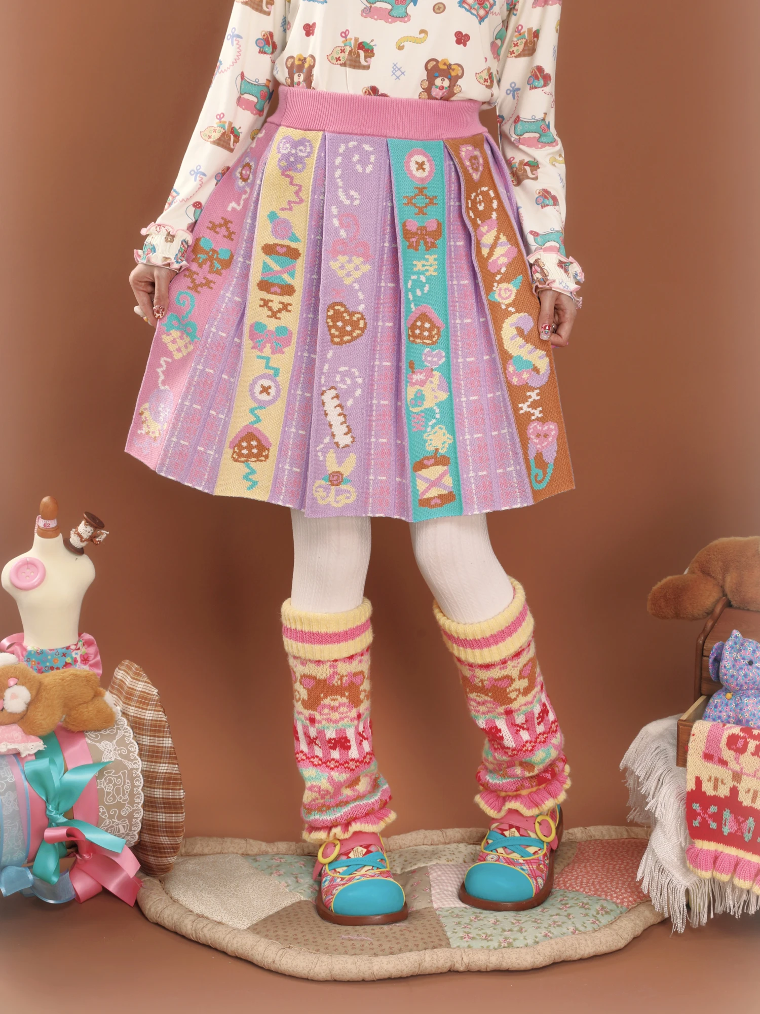 

LutraJump Sewing Room Pink Purple Plaid Knitted Retro Autumn Winter ort Skirt f Skirt Pleated Midi Skirt Women's Cotton