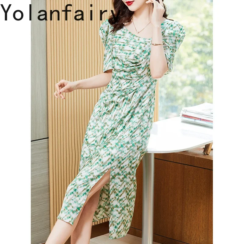 YOLANFAIRY élégant 100% véritable robe en soie de mûrier femme vêtements été 2025 mode robe florale femmes taille haute robe verte
