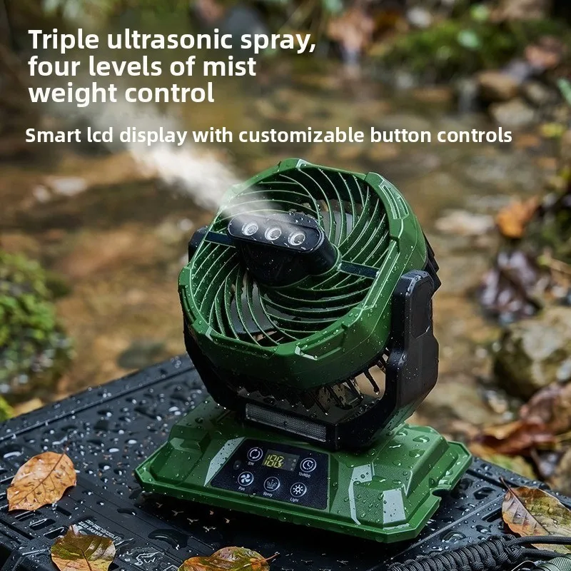 2026 Multi Function Outdoor Misting Cooling Fan Oscillating Large Water Tank With LED Camping Ambient Light