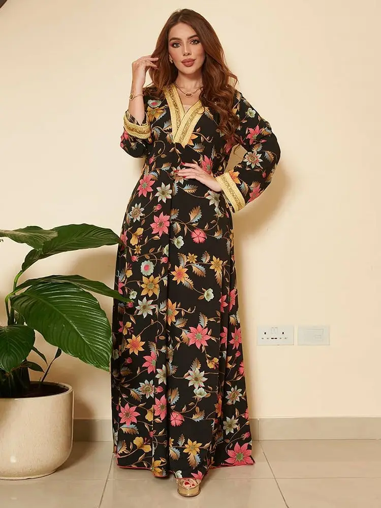 

Muslim Long Dress Party Floral Ramadan Women Turkey African Dresses Kaftans Abaya Dubai Arabic Islamic Morocco Arabe Musulmane