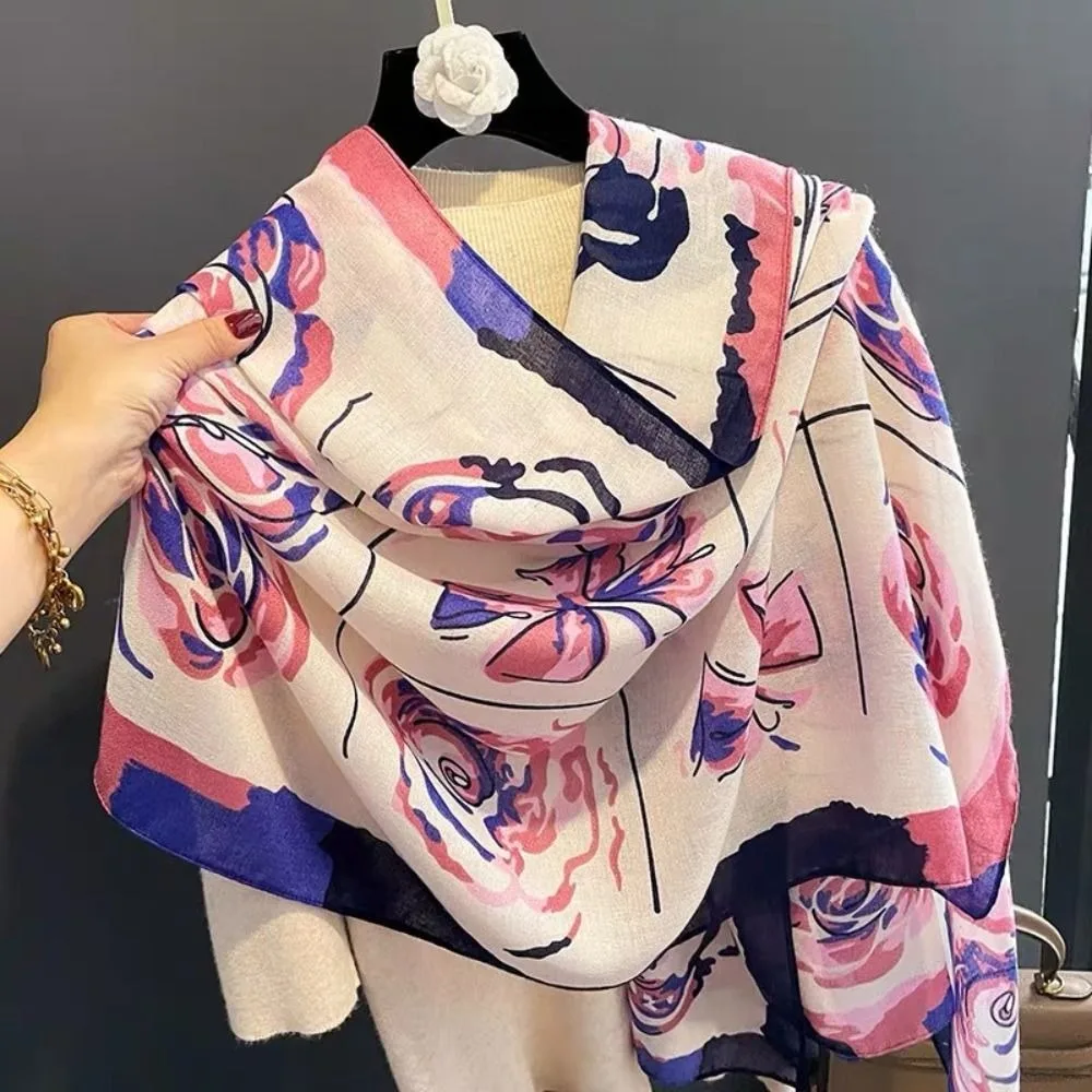 

Korean Style Floral Scarf Shawls Elegant Sun Protection Sunscreen Foulard Shawl Flower Printed Cotton Linen Women Hijab Shawls