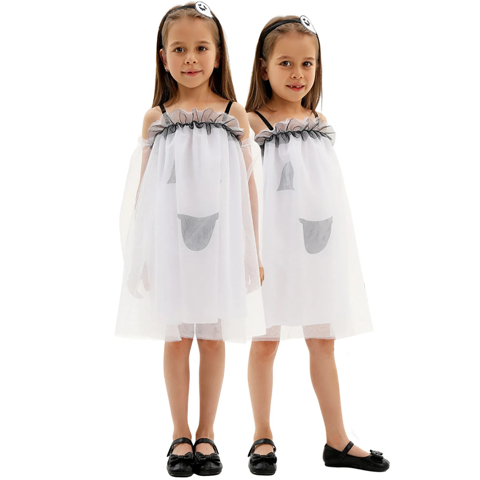 

Anime Little Girl Chiffon Flare Sleeve Detachable Strapless White Mini Dress Ghost Cosplay Costume Headgear Summer Daily Outfits