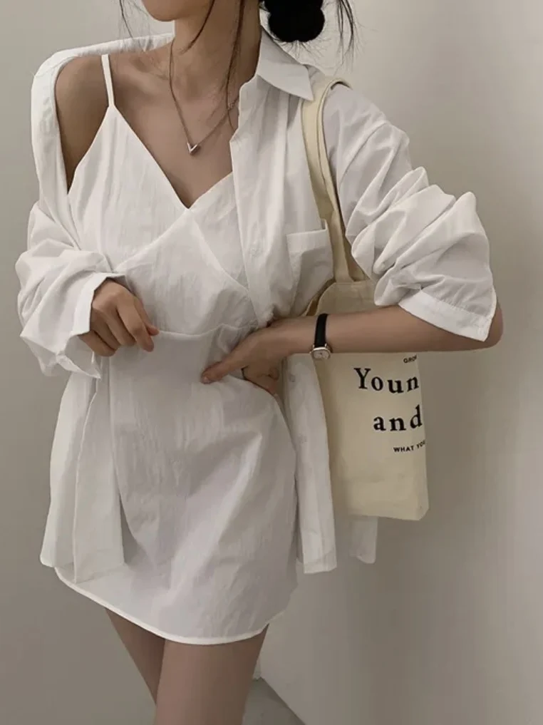 

Chic Loose Long Sve Mid-Length irt Women's Faion Set with Strap Vest Summer Sli Two-Piece Suit Casual Office Wear