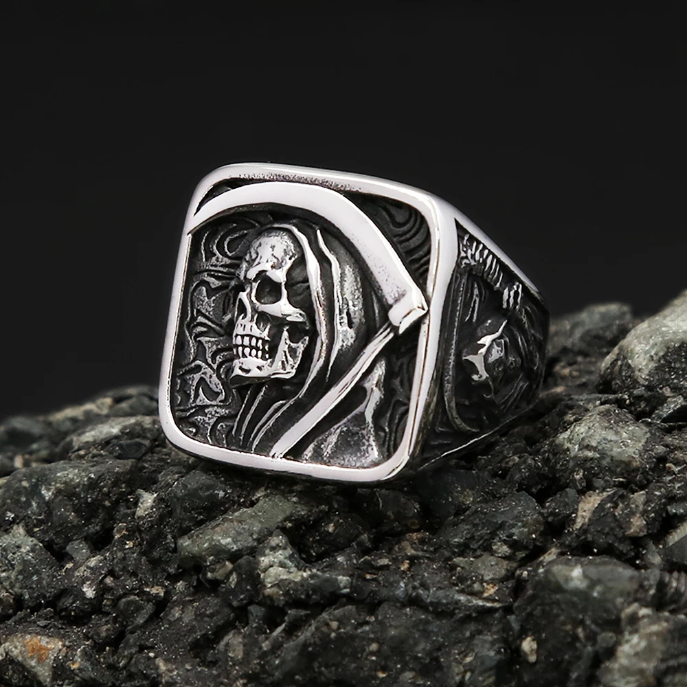 Vintage Stainless Steel Death Sickle Skull Rings For Men Punk Hip Hop Domineering Skull Ring Party Biker Jewelry Gifts Wholesale