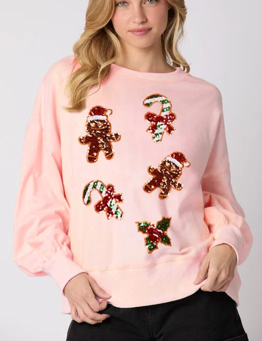 New Women's Spliced Pullovers O-Neck Printed Christmas Gingerbread Sequins Fashion Minimalist Casual Hoodie Long Sleeved Tops