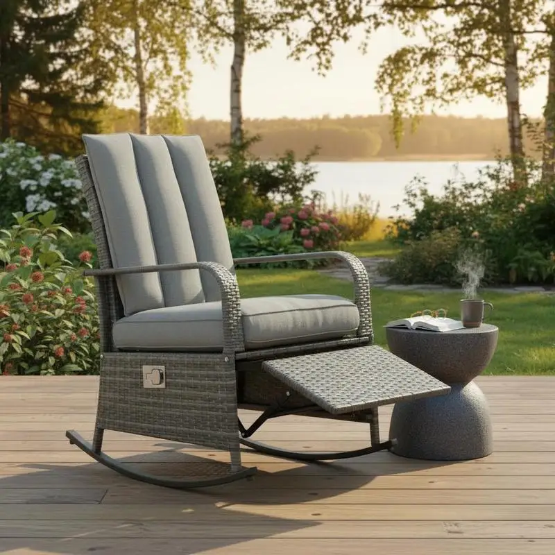Outdoor Wicker Rocking Chair with Cushion, Patio PE Rattan Recliner Chair with Adjustable Footrest, Armrests, Mixed Grey