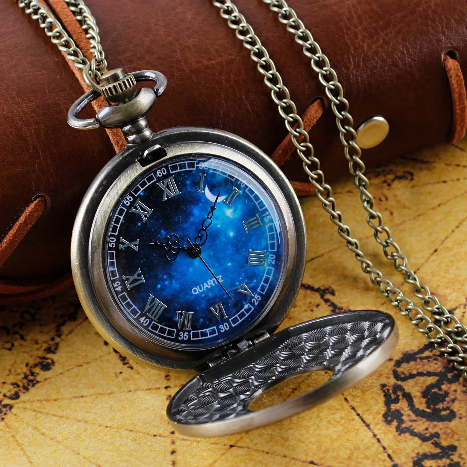 Special Antique Design Blue Dial Quartz Pocket Watch Vintage Necklace Pendant Clock Men's and Women's Best Holiday Gift