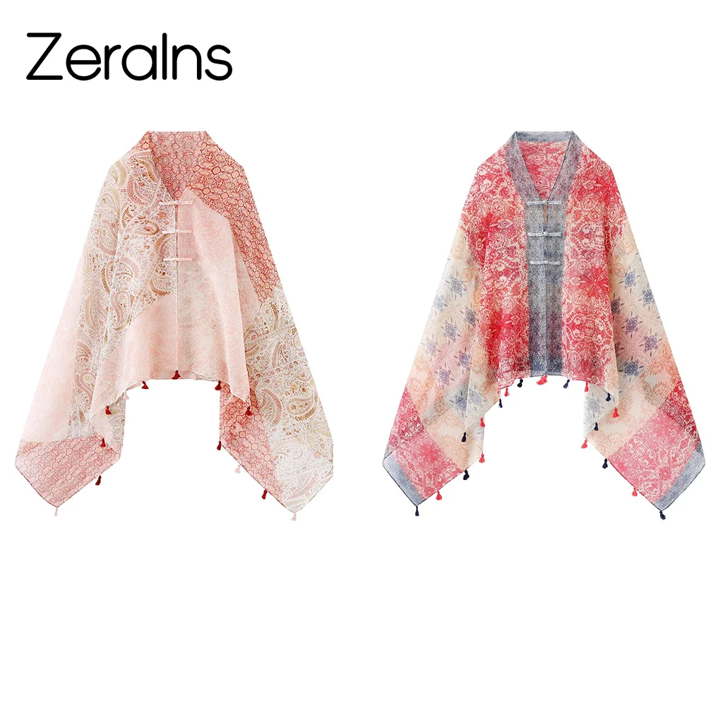 

ZERAINS 2026 New Ethnic Style Pan Button Shawl Women's Thin Sunscreen Outer Cloak Scarf Travel Dress