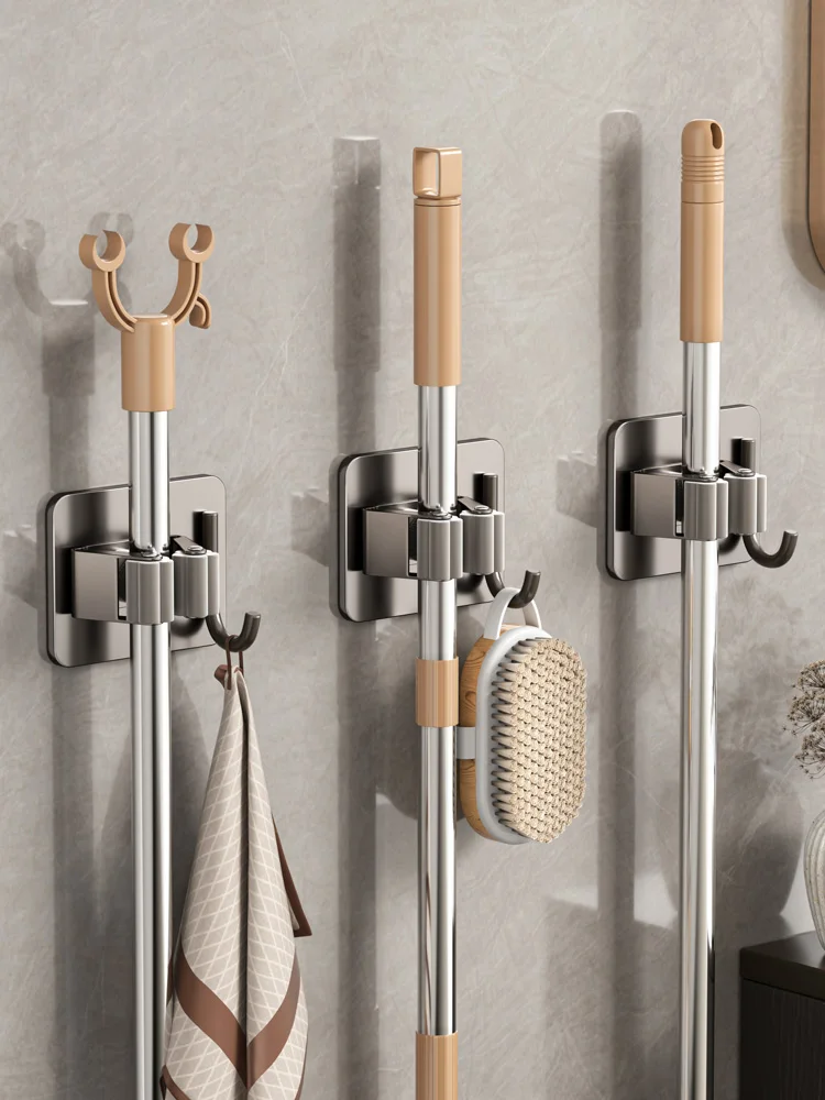 Strong Adhesive Wall-Mounted Broom Holder Mop Clip Toilet Cleaning Tool Set No-Drilling Mop Holder Powerful Sticky Glue