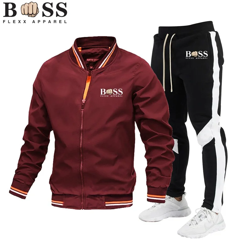 BSS FLEX APPAREL-Conjunto de chaqueta informal de alta calidad para hombre, pantalones empalmados, chaqueta a prueba de viento con cuello levantado