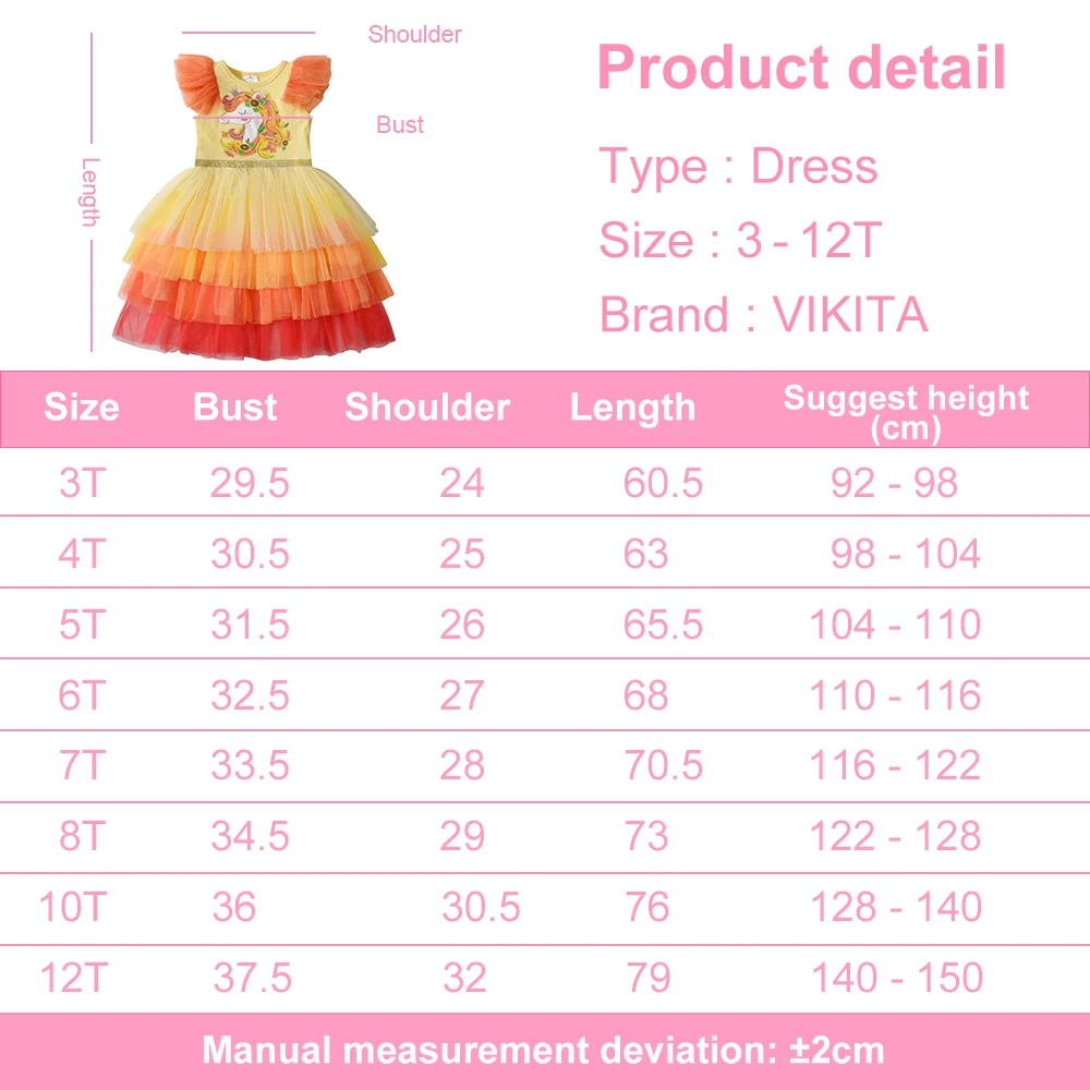 VIKITA Kids Zomer Vestidos Meisjes Flare Mouw Mesh Tule Gelaagde Prinses Verjaardagsfeestje Tutu Jurken Meisjes Eenhoorn Print Jurk