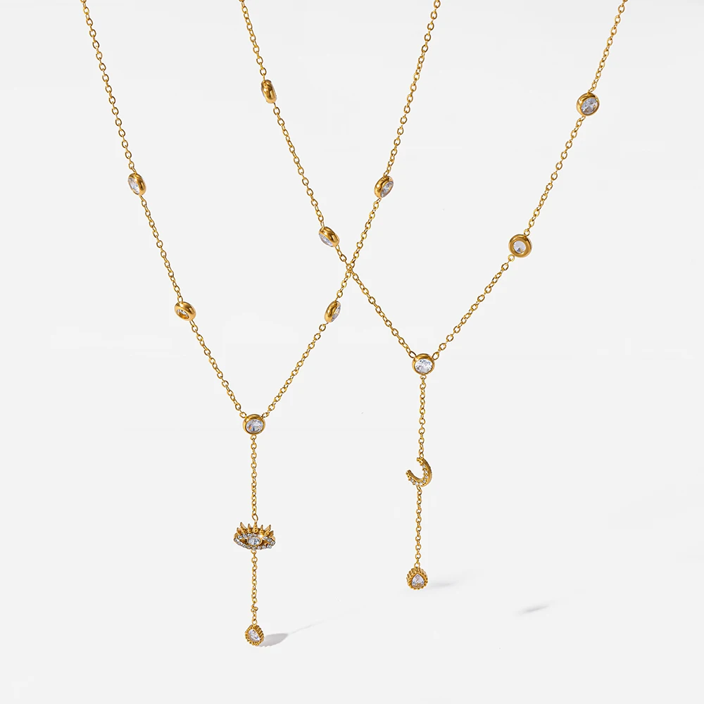 Sparkling Evil Eye Moon Pendant Y-Shaped Necklace 18K Gold Plated Stainless Steel Pavé Zirconia Chain Dainty Jewelry for Women
