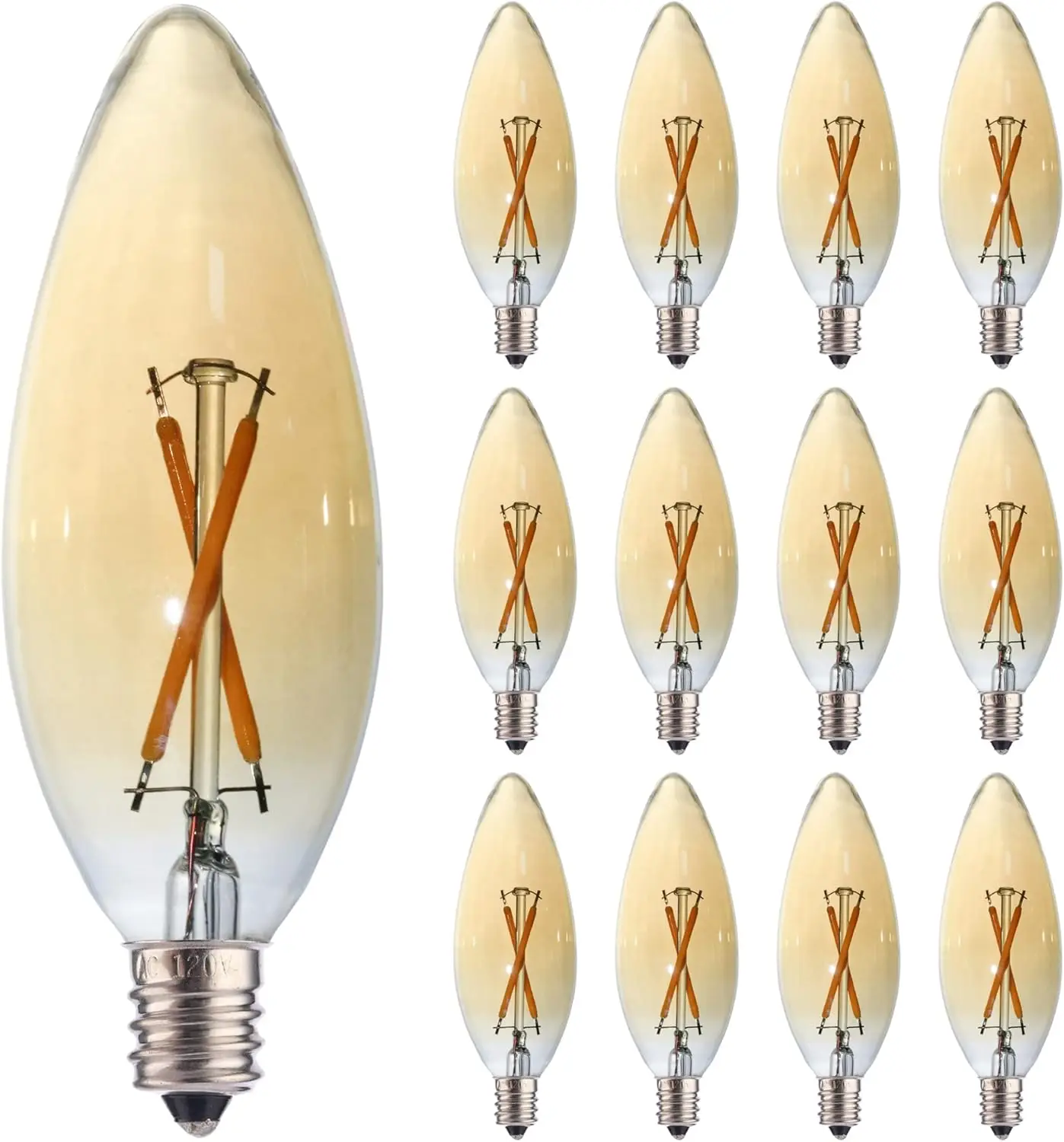 

12 Pack C32 LED Filament Bulbs, 2W Equals 15-20W Warm Light, E12 Base Amber Glass for Chandelier Fan
