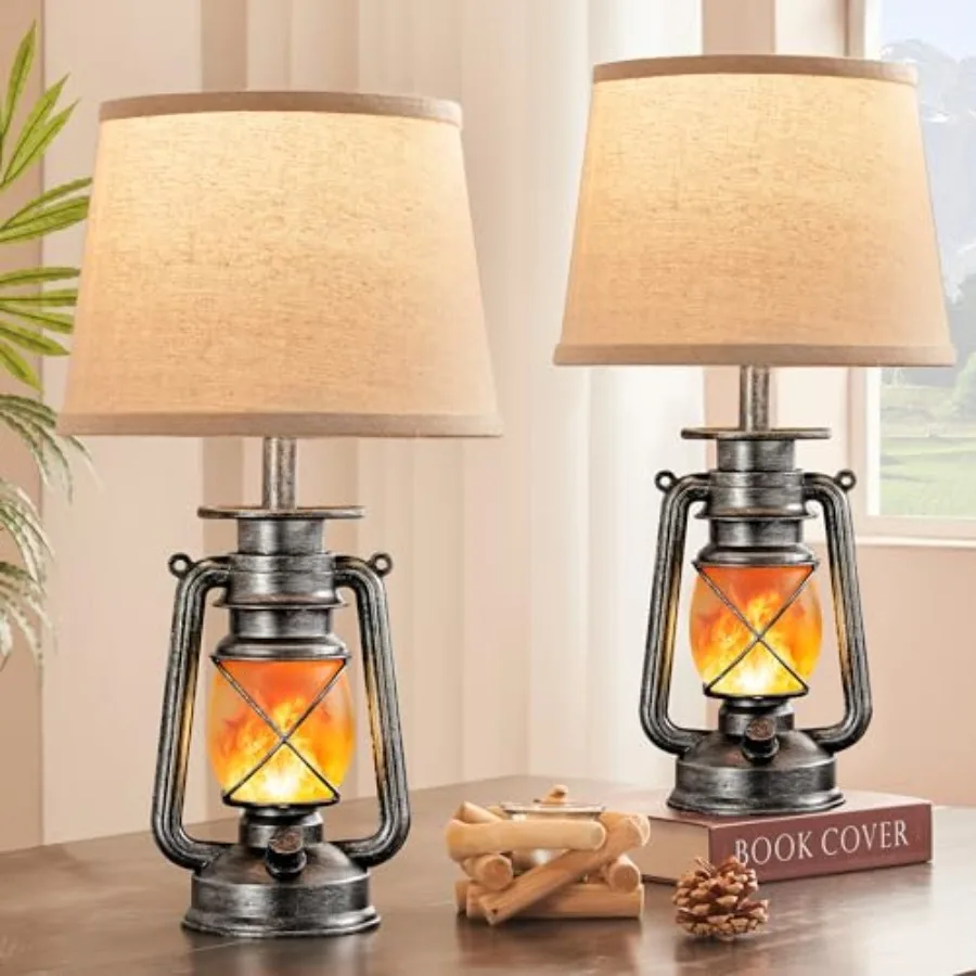 

18.72" Sliver LED Lantern Flickering Flame Table Lamps for Bedrooms Set of 2 Small Farmhouse Rustic End Table Lamps Halloween D
