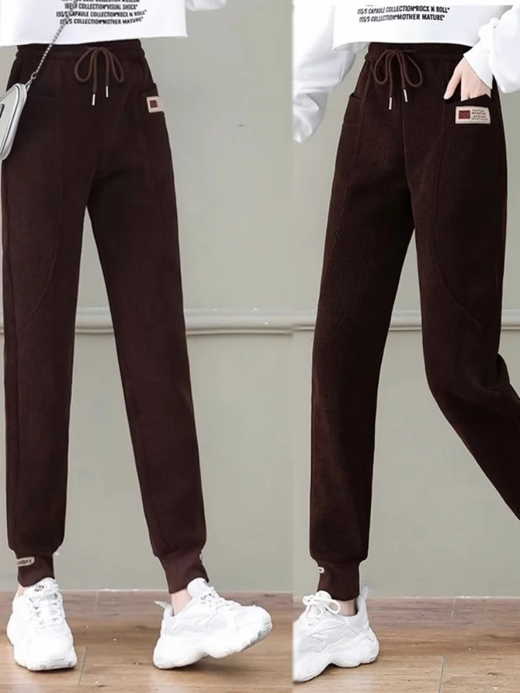 

Женские утепленные вельветовые брюки с высокой талией, осенне-зимние, свободного кроя, повседневные, на шнурке, из европейского хлопка