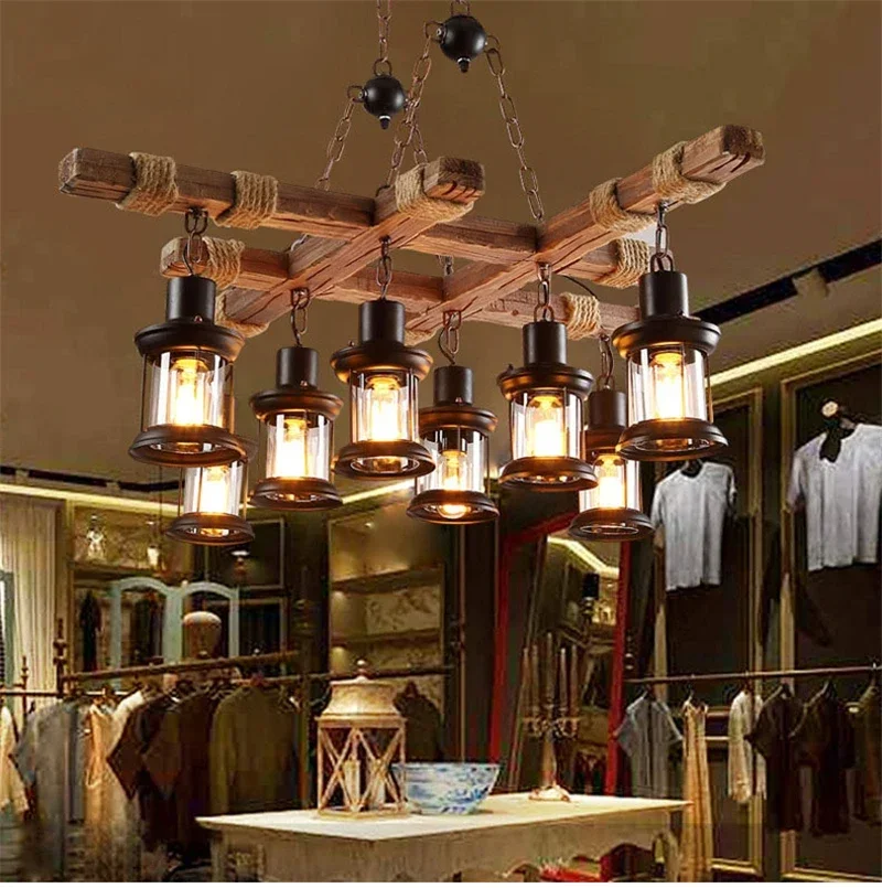 American Rustic Retro Ship Wood Chandelier Industrial Style Creative Nostalgic Bar Decoration Coffee Restaurant Wood Lamps