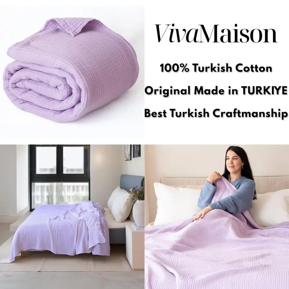 

King Size 95x110 Cotton Muslin Throw Blanket - Ultra Soft 100% Pure Turkish Cotton Bed Blanket in Purple