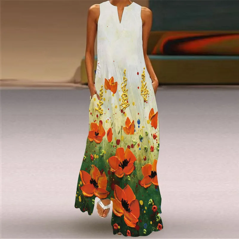 

2024 New Summer Women's Sleeveless Long Dress V-neck Printed Dresses Beach Sunflower Maxi Dress Elegant Vestidos Mujer 3XL