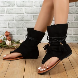 Women Summer Boots Open Toe Flat Tassel Design Sandals 2023 Fashion Roman Sandal Elegant Shoes Plus Size 35-43 Sandalias Mujer