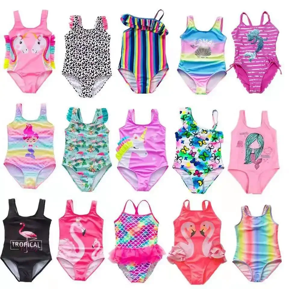 2-14 Years Girls Swimsuit 2024 New One Piece Swimwear Flamingo Ruffle Style Children's Swimwear  One Piece Swimsuit