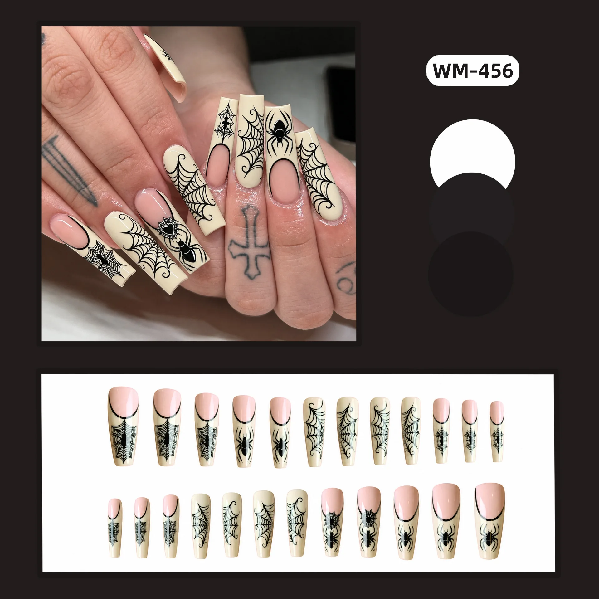 24 Stück Europäische Lange Sargförmige Aufklebenägel Gotisches Dunkles Schwarzes Spinnennetz-Design Französische Künstliche Nägel Halloween Tragbare Falsche Nägel – Detail 6