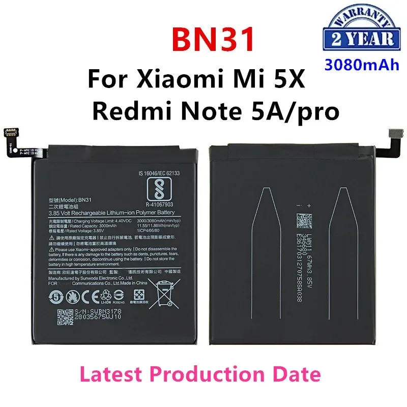 

100% Orginal BN31 3080mAh Battery For Xiaomi Mi 5X Mi5X Redmi Note 5A / Pro Mi A1 Redmi Y1 Lite S2 BN31 Batteries