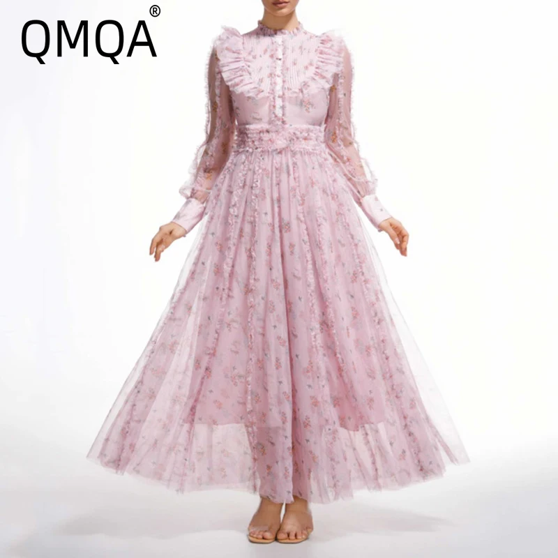 QMQA Fashion Women's Printing Mesh Dresses Long Sleeve High Waist Big Swing Vacation Dress 2025 Spring New Female Clothing 1A861