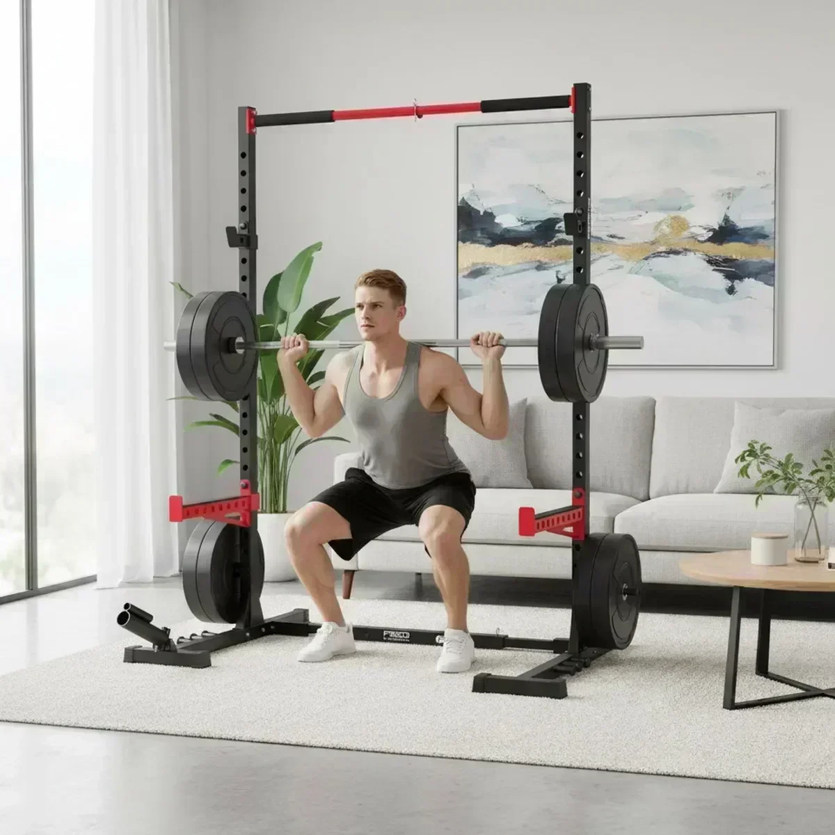 Adjustable Home Gym Squat Rack with Pull Up Bar Heavy Duty Steel Barbell Power Cage for Weightlifting Training