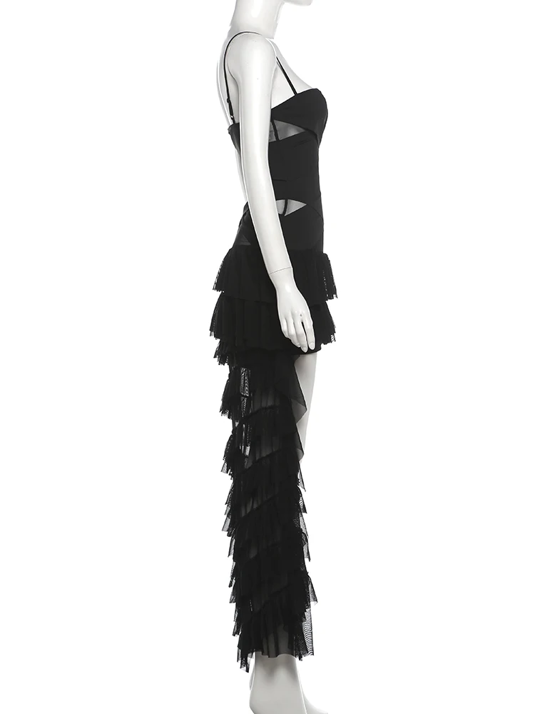 Weird Puss Tiered Kleid Damen Patchwork Mesh Unregelmäßiger Saum Ärmellos Figurbetont Sexy Midnight Hottie Mode Dinner Party Bodycon – Detail 4