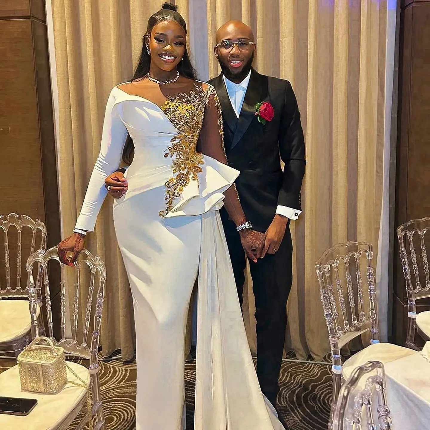 Gouden Kristallen Formele Gelegenheidsjurk Aso Ebi Zwarte Vrouwen Traditionele Feestjurk Ivoor Lange Mouw Afrikaanse Bruiloft Receptie Jurk