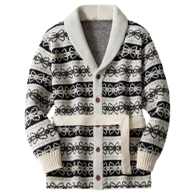 남성 카디건 중간 길이 코트 오픈 스티치 스웨터 턴 다운 칼라 싱글 브레스트 레이스 업 벨트 니트 두꺼운 코트 가을 겨울